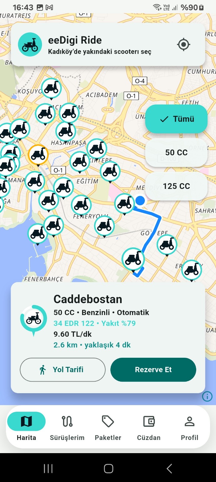 eeDigi Ride canlı harita ve araç seçimi ekranı