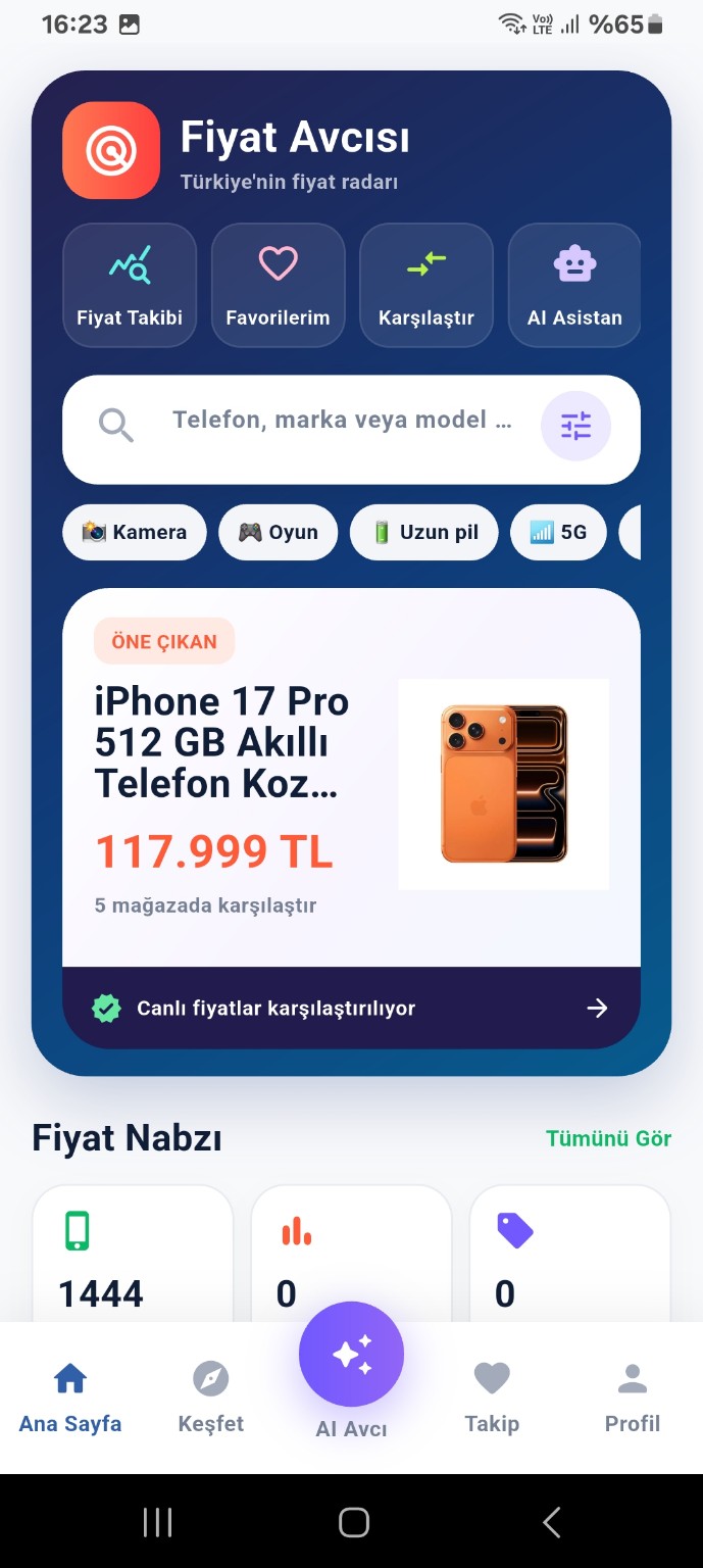 Fiyat Avcısı mobil uygulama ana ekranı