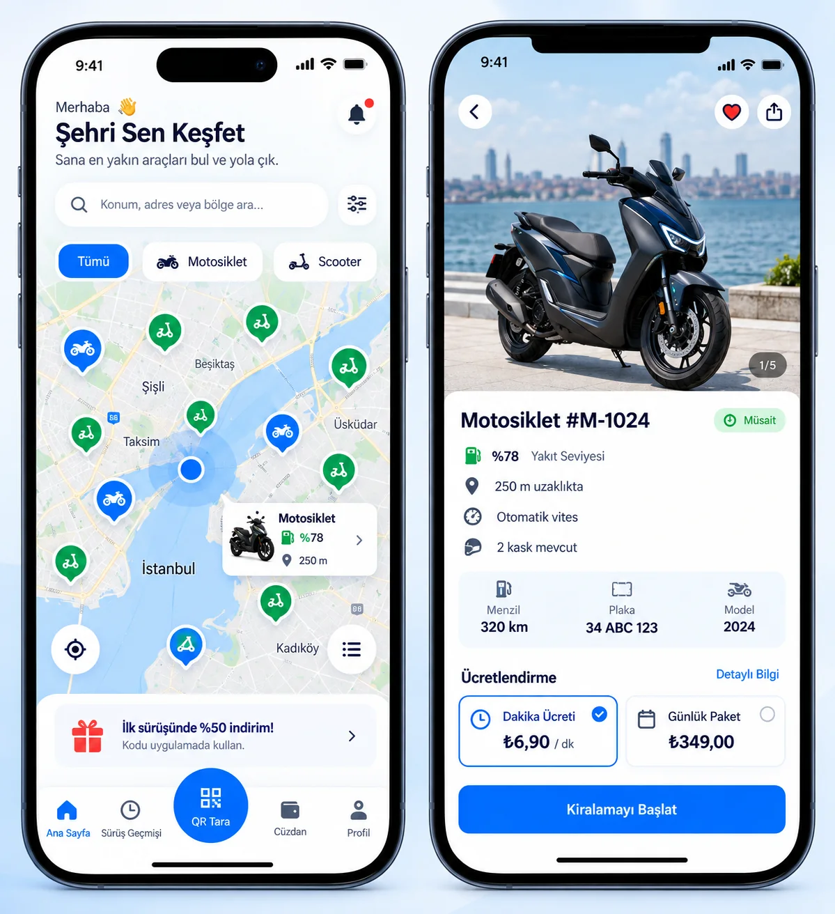 Paylaşımlı motosiklet kiralama mobil uygulaması ekranları